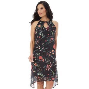 AB Studio Print Handkerchief Shift Dress Black Floral-LARGE